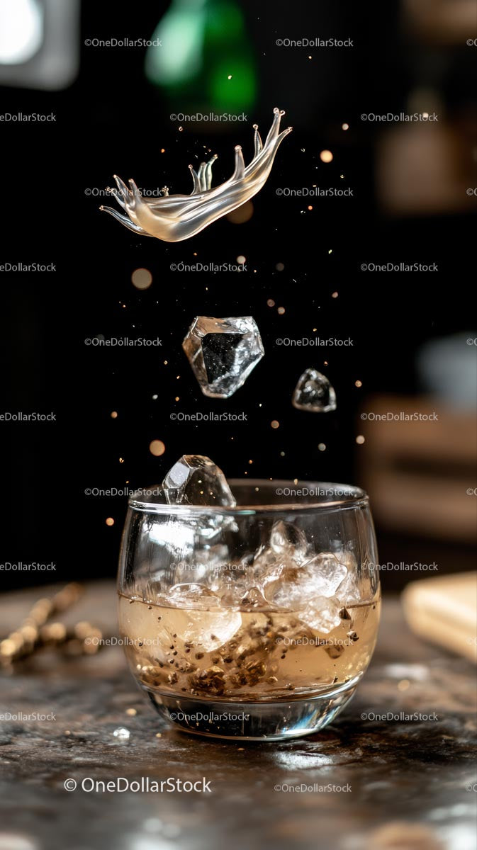 Dynamic Water Splash with Ice Cubes and Glass of Cold Beverage