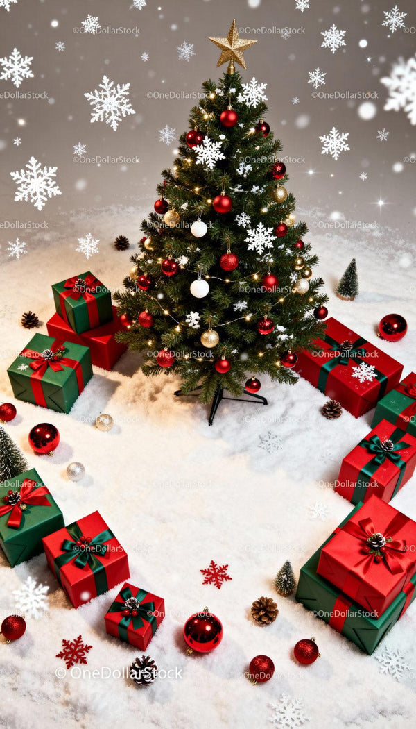 Festive Christmas tree surrounded by wrapped gifts in snow