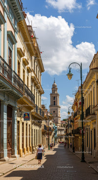 Colorful Historic European Street Scene with Bell Tower and Bright Sky