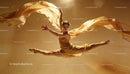 Graceful dancer leaping with flowing golden fabric