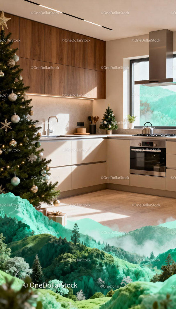 Modern kitchen decorated with Christmas trees and gifts