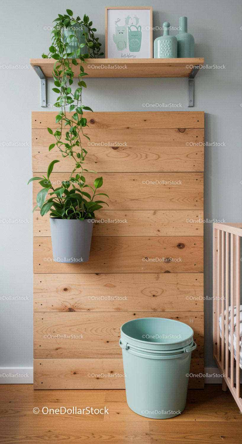 Indoor Potted Plant with Wooden Wall Panel and Decorative Shelf