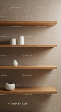 Minimalist Wooden Shelves with Ceramic Vases in Neutral Interior
