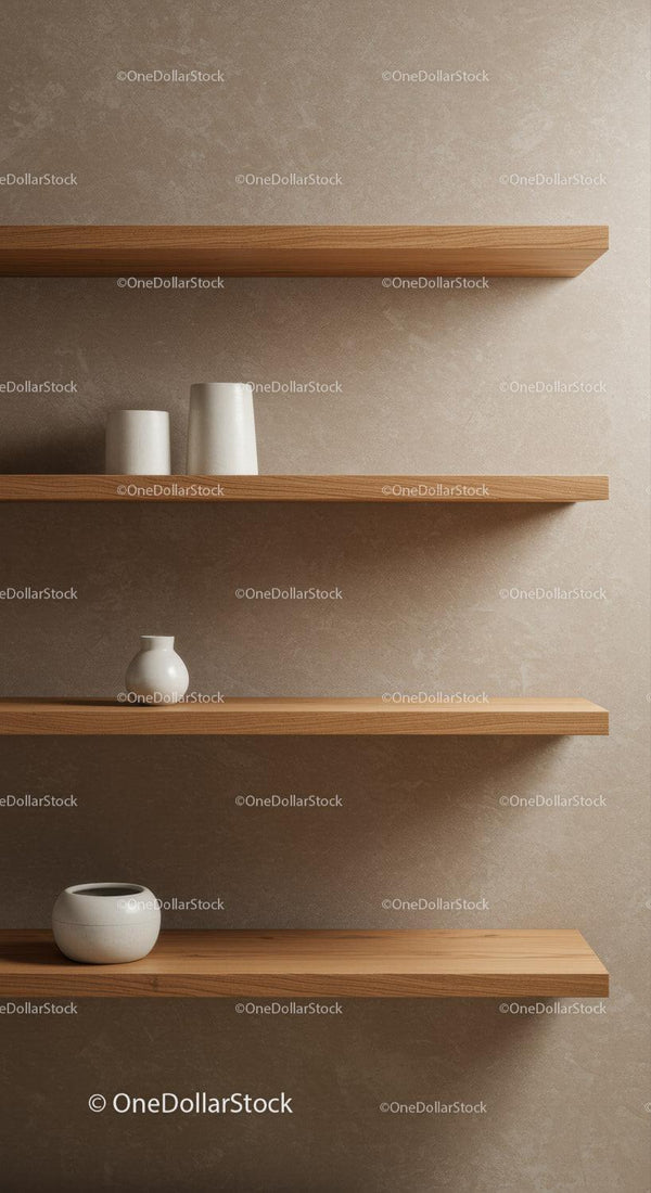Minimalistyczne Drewniane Półki z Ceramicznymi Wazonami w Neutralnym Wnętrzu