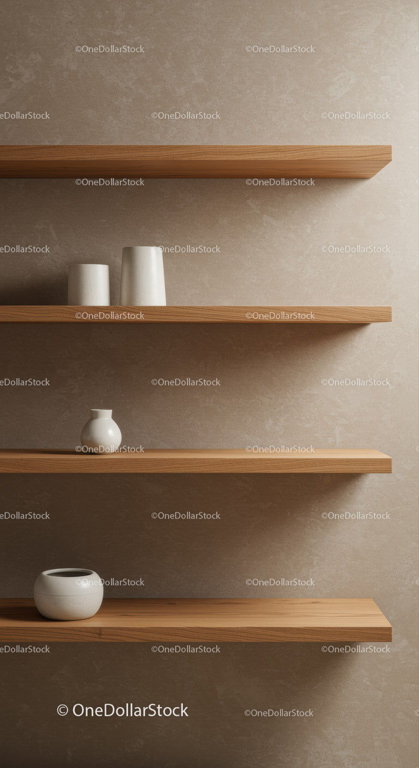 Minimalistyczne drewniane półki z ceramicznymi wazonami w neutralnym wnętrzu
