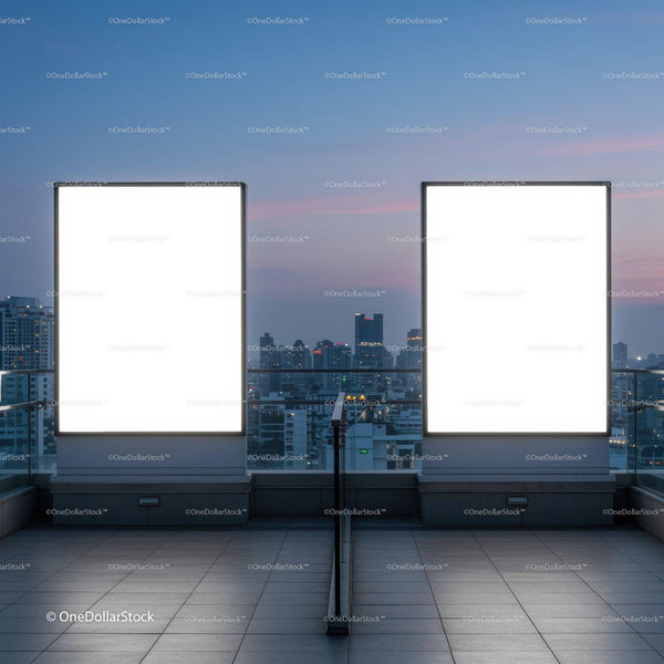 Empty illuminated billboards on city rooftop at dusk JPG Mockup Image