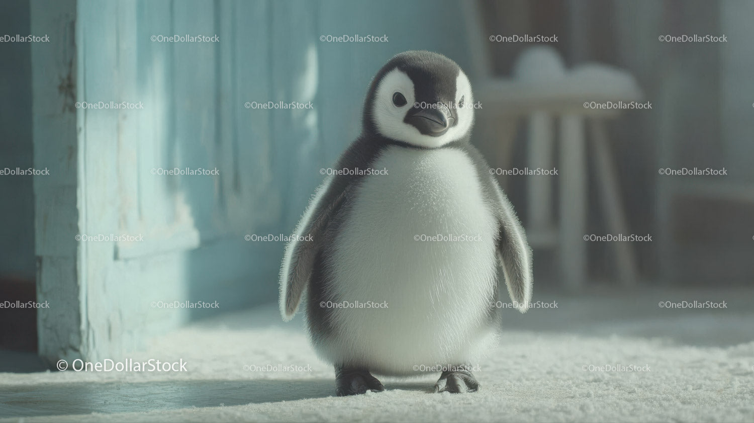 Adorable Baby Penguin Chick Standing on Snow in Natural Habitat