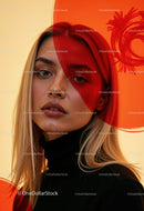 Creative Artistic Makeup Portrait with Red Face Paint and Blonde Hair