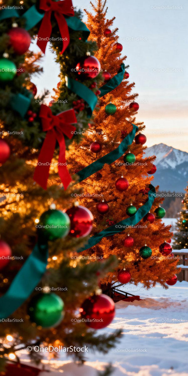 Festive Christmas trees with ornaments in snowy mountain setting