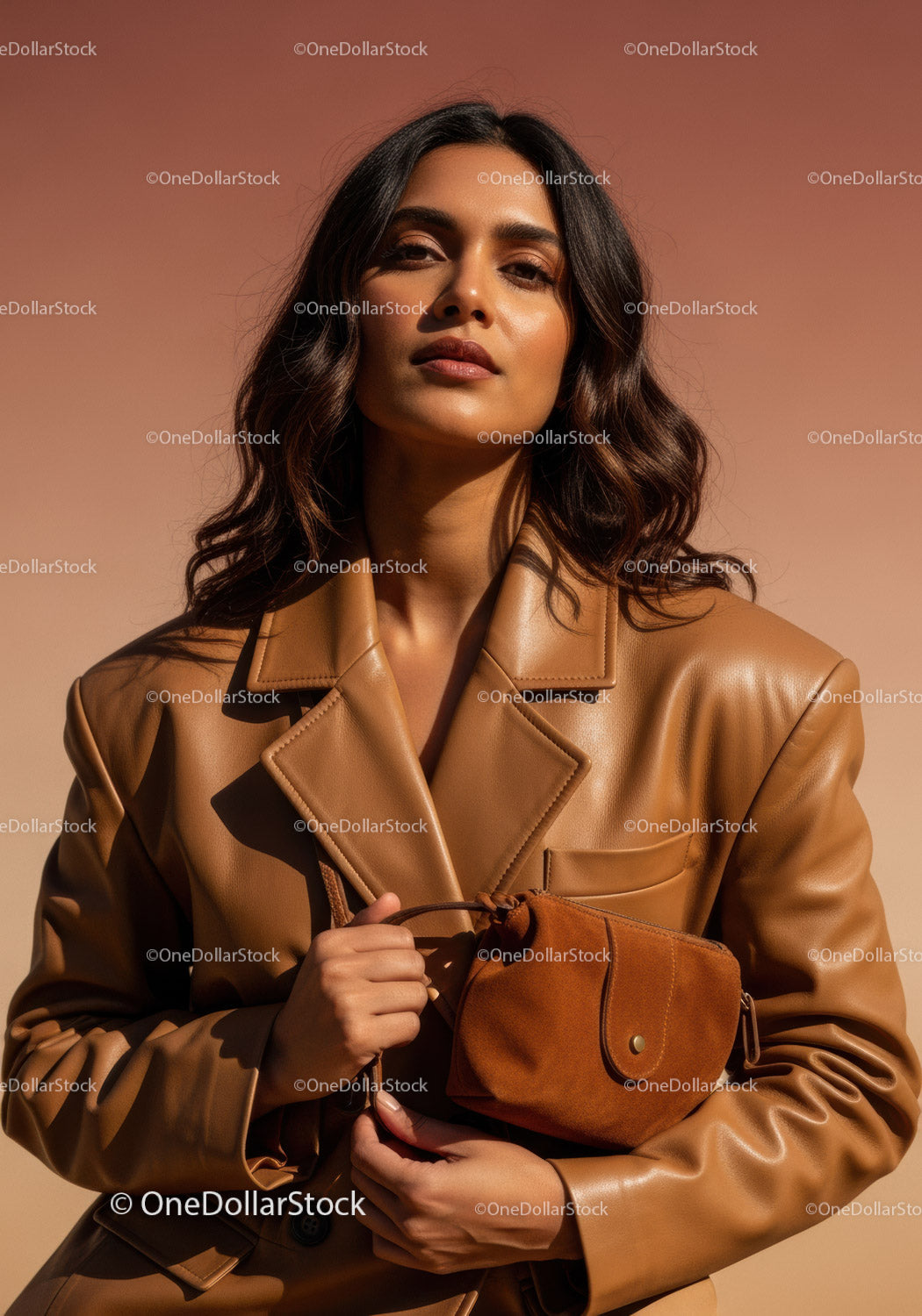Elegant Woman in Leather Jacket with Brown Bag in Studio Lighting