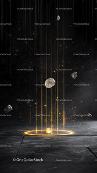 Futuristic Space Scene with Glowing Asteroids and Meteor Shower