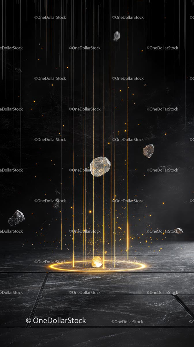 Futurystyczna scena kosmiczna ze świecącymi asteroidami i deszczem meteorów