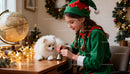 Girl in Elf Costume Playing With White Dog at Christmas