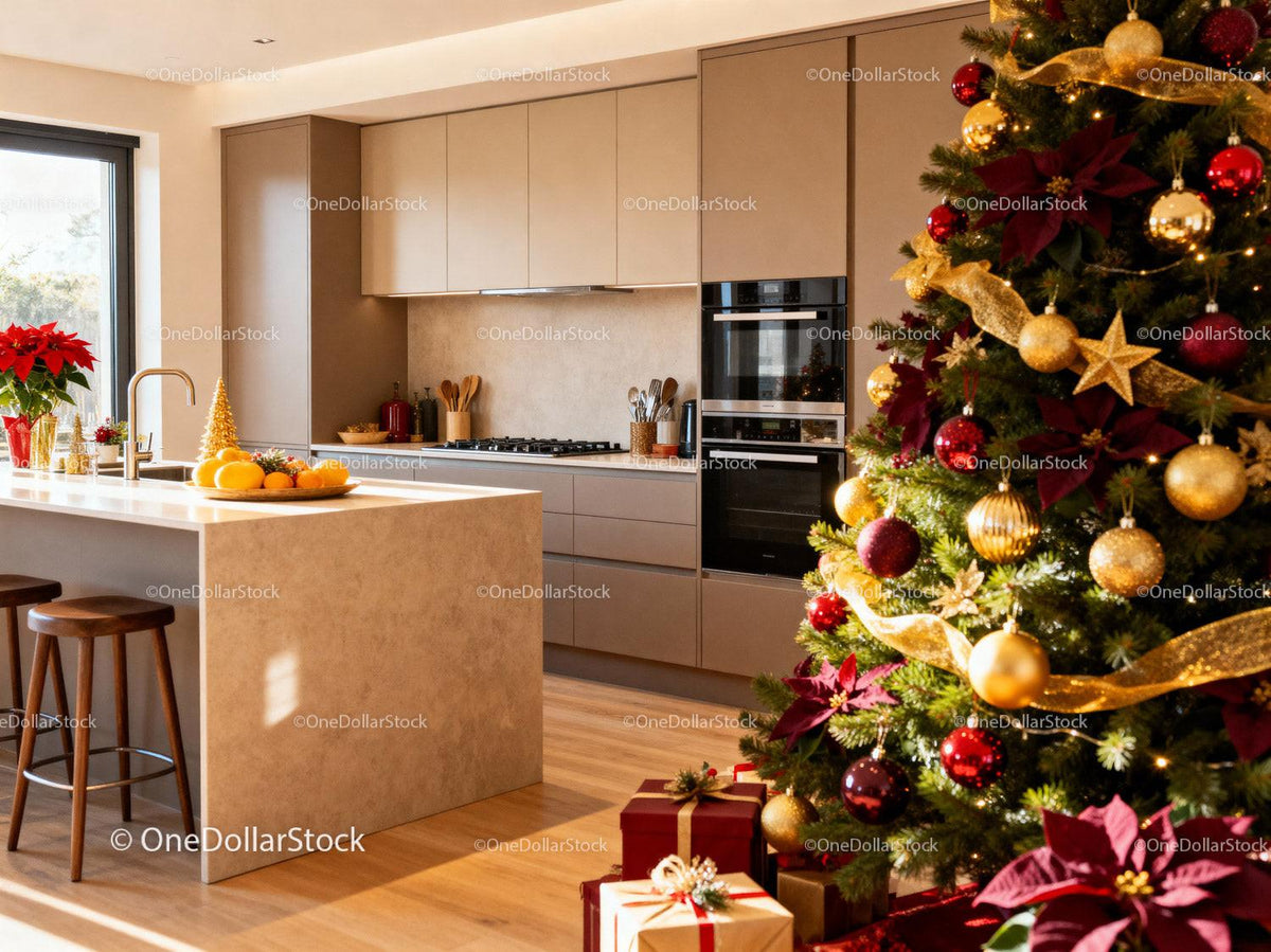 Modern Kitchen Decorated for Warm Christmas Celebration