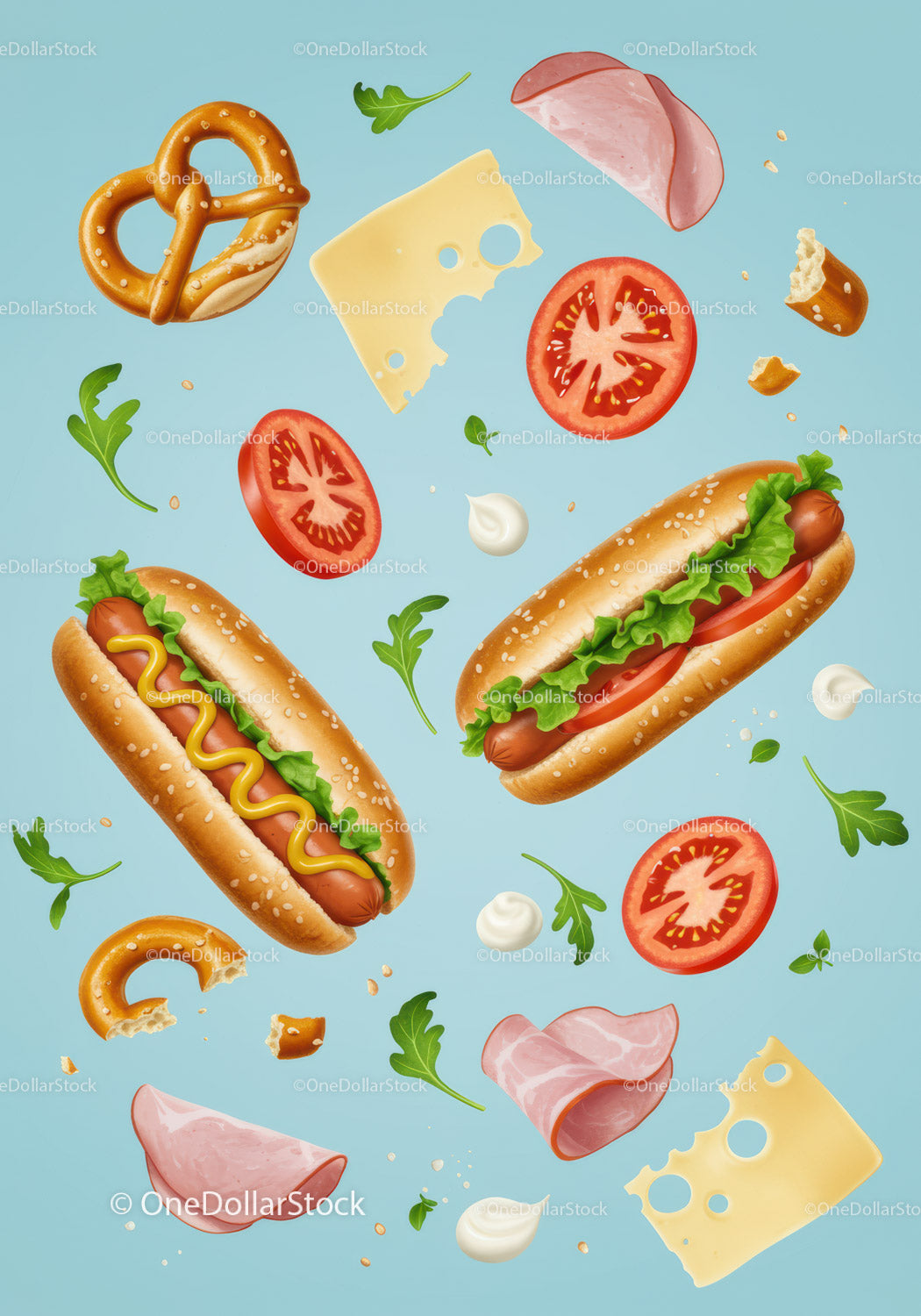 Fresh hot dogs with toppings and floating ingredients