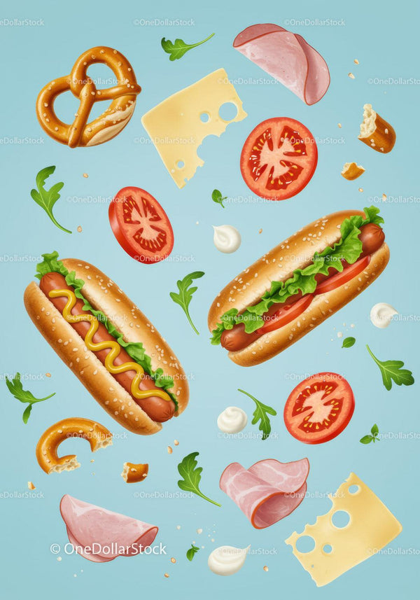 Fresh hot dogs with toppings and floating ingredients