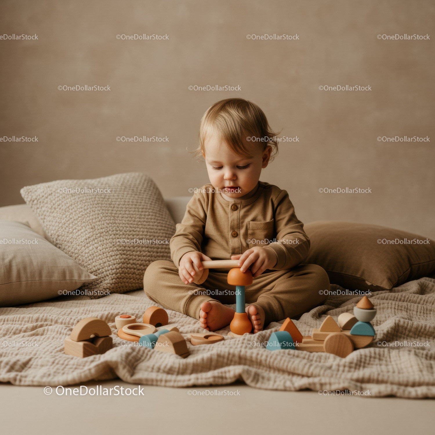 Toddler Playing with Wooden Toys on Cozy Bed