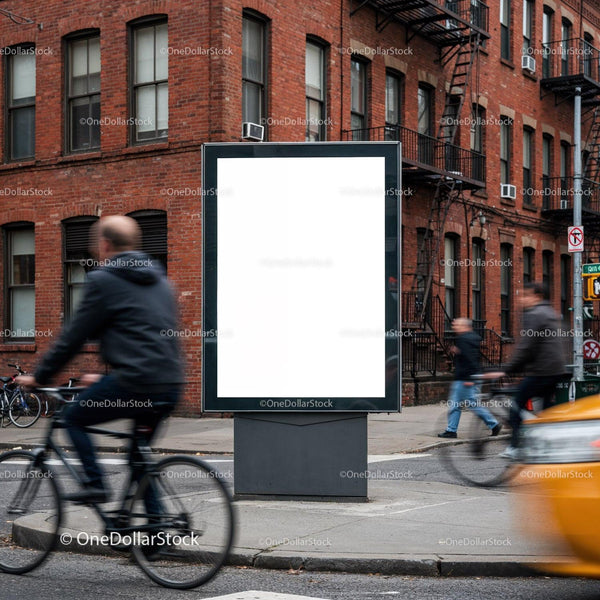 Urban street scene with blank advertisement board JPG Mockup Image