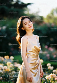Elegant woman in golden dress enjoying garden sunlight