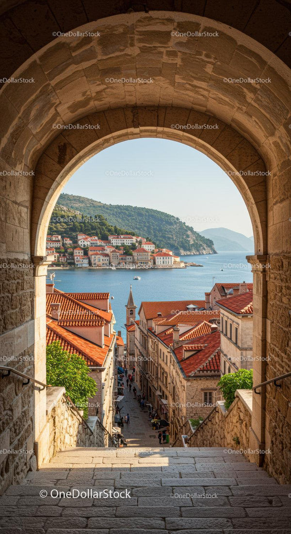 Mediterranean Coastal Village View Through Stone Arch with Red Tiled Roofs