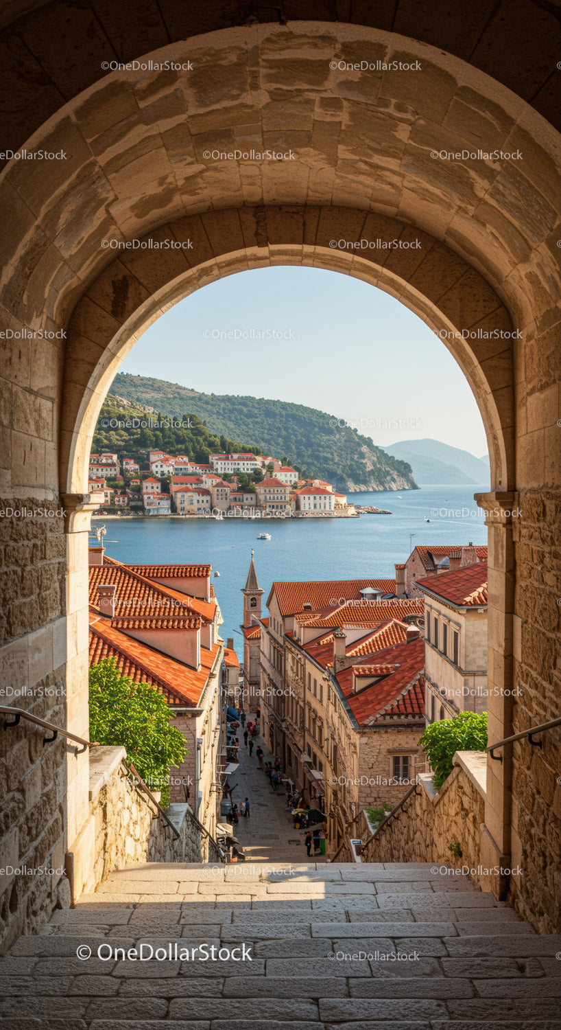 Mediterranean Coastal Village View Through Stone Arch with Red Tiled Roofs