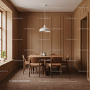 Cozy Dining Room with Wooden Paneling and Elegant Lighting