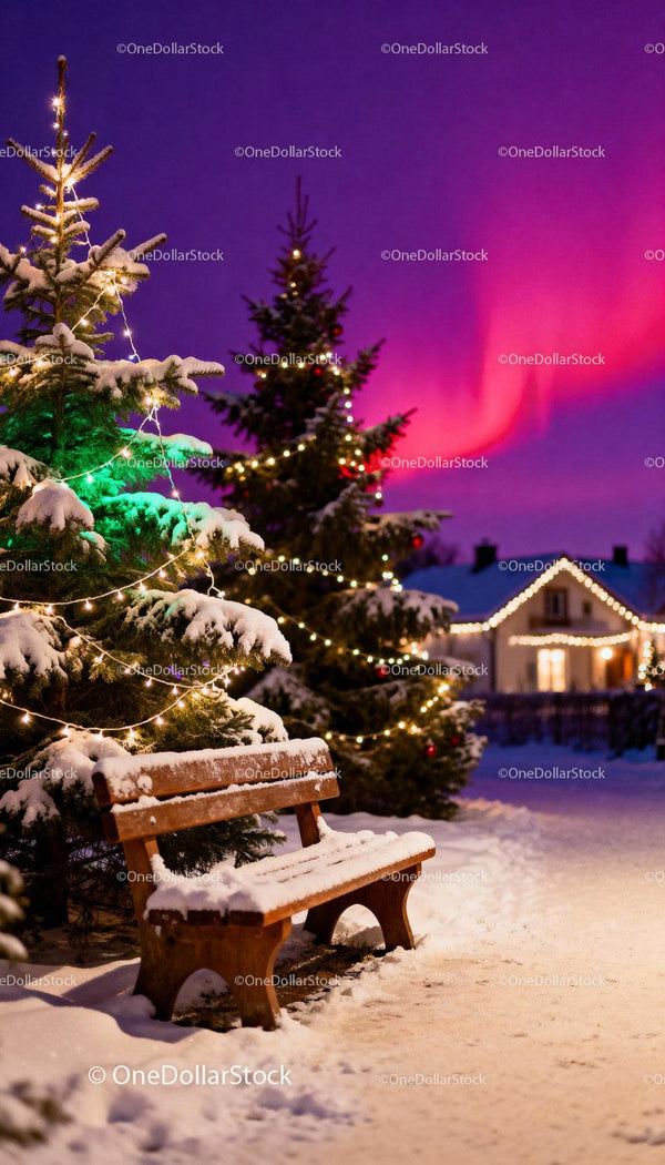 Snowy bench near decorated Christmas trees at twilight