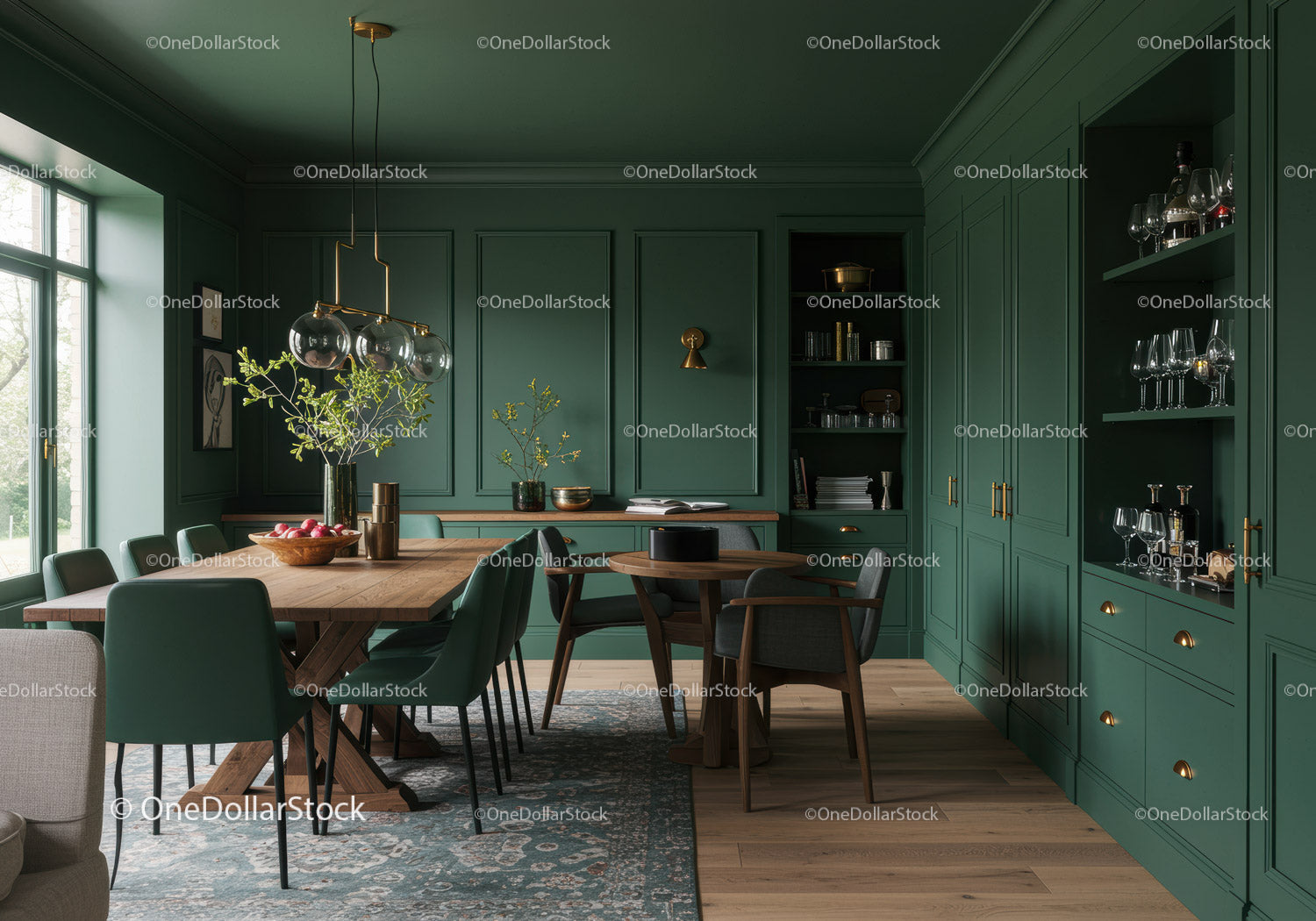 Stylish Green Kitchen with Wooden Dining Table and Modern Decor