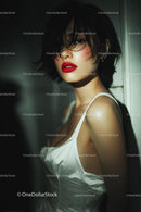 Elegant Woman with Red Lips in Stylish Evening Dress