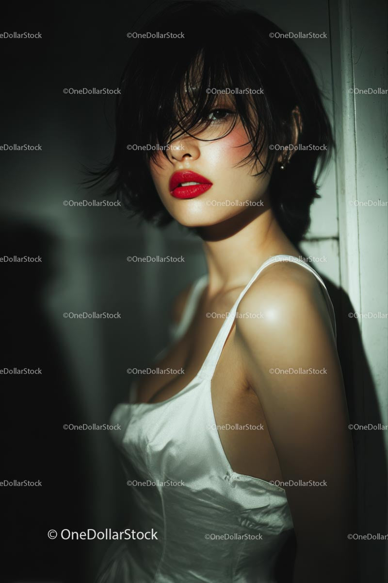 Elegant Woman with Red Lips in Stylish Evening Dress