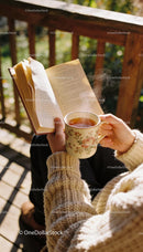 Cozy autumn reading with warm tea on wooden porch