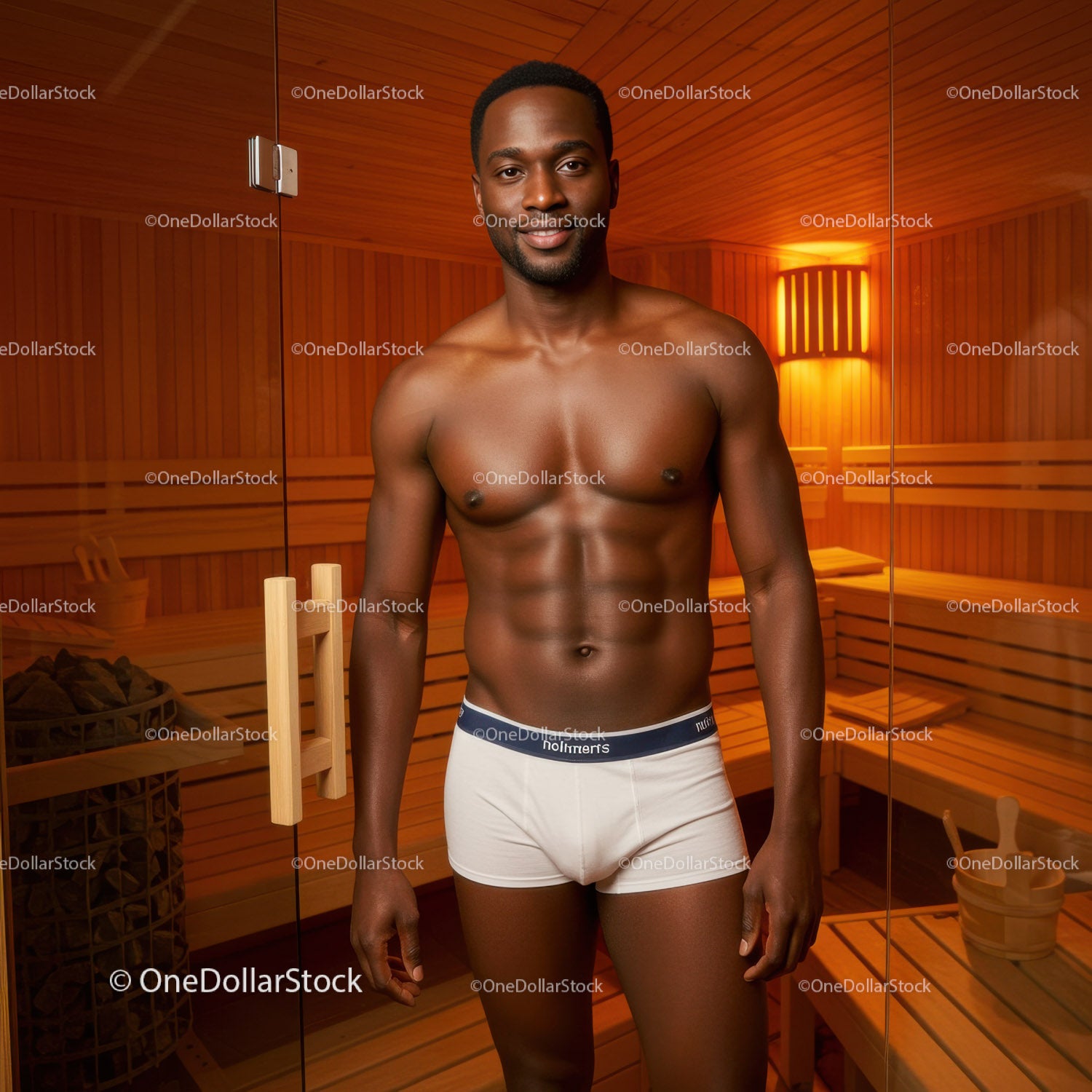 Male Fitness Model in Sauna with Toned Muscular Body in Wellness Environment