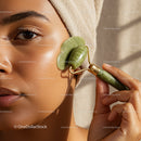 Close-Up of Woman Using Jade Roller for Skin Rejuvenation and Relaxation