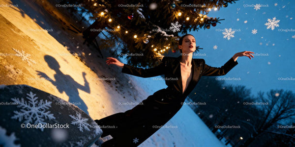 Elegant woman dancing in snowy winter evening