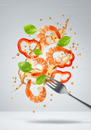 Fresh shrimp salad ingredients with splash and fork