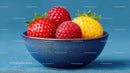 Colorful Assortment of Ripe Strawberries in Blue Ceramic Bowl
