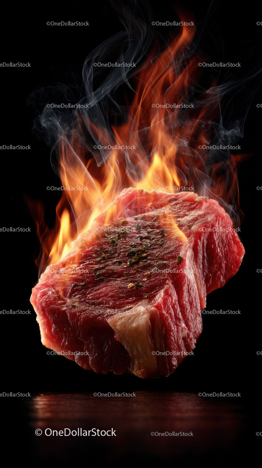 Juicy Raw Steak Exploding in Flames for Dramatic Culinary Effect