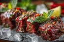 Marinated Beef Skewers with Mint Garnish on Ice