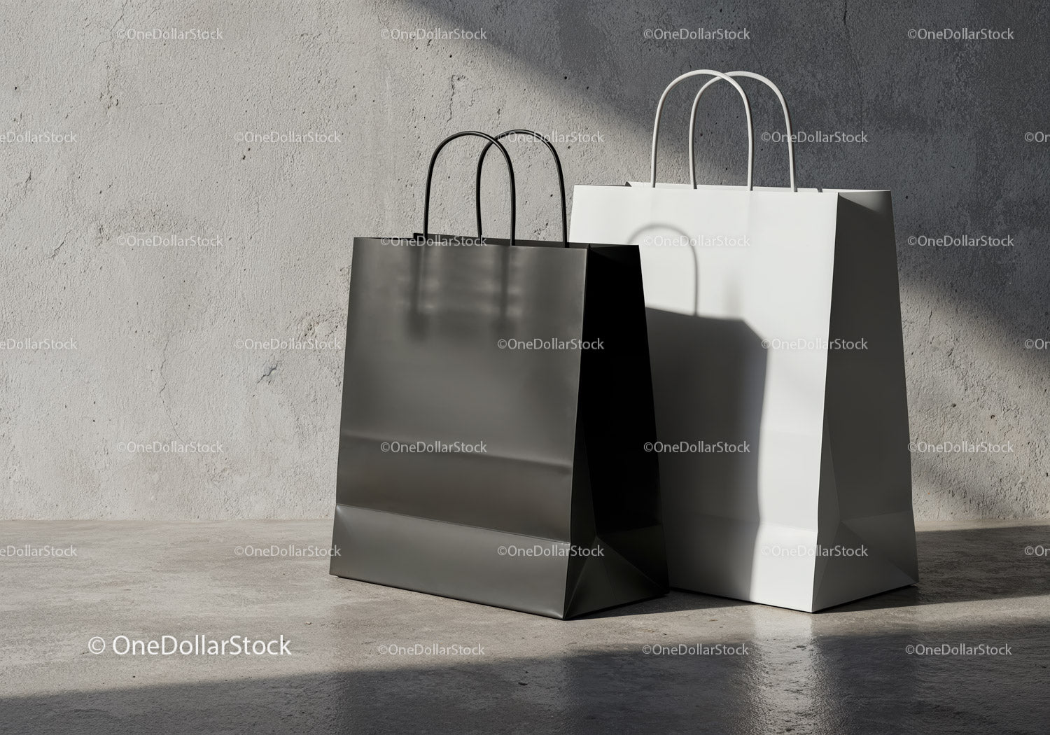 Minimalist Black and White Shopping Bags on Concrete Floor