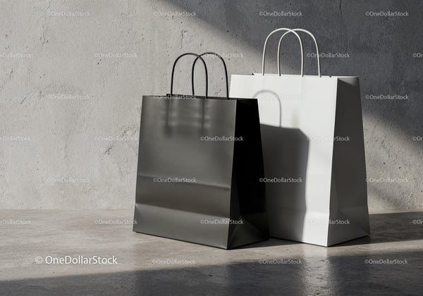 Minimalist Black and White Shopping Bags on Concrete Floor JPG Mockup Image