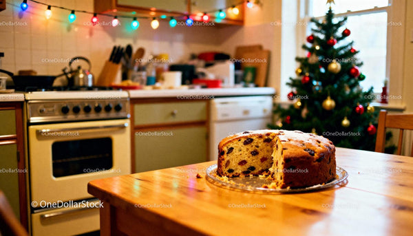 Homemade Fruitcake on Wooden Table with Christmas Decor