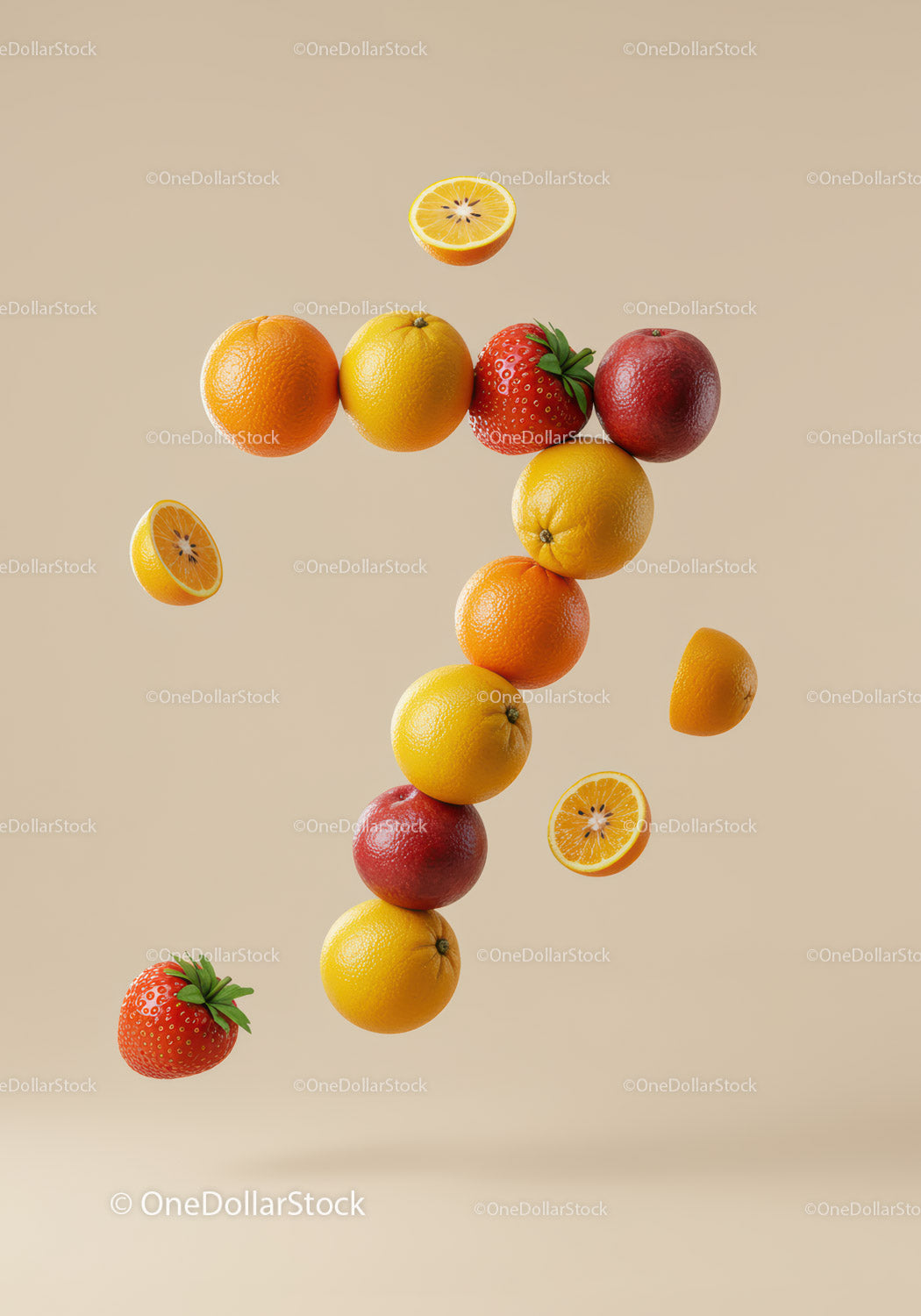 Fresh Citrus and Strawberries Forming Number Seven