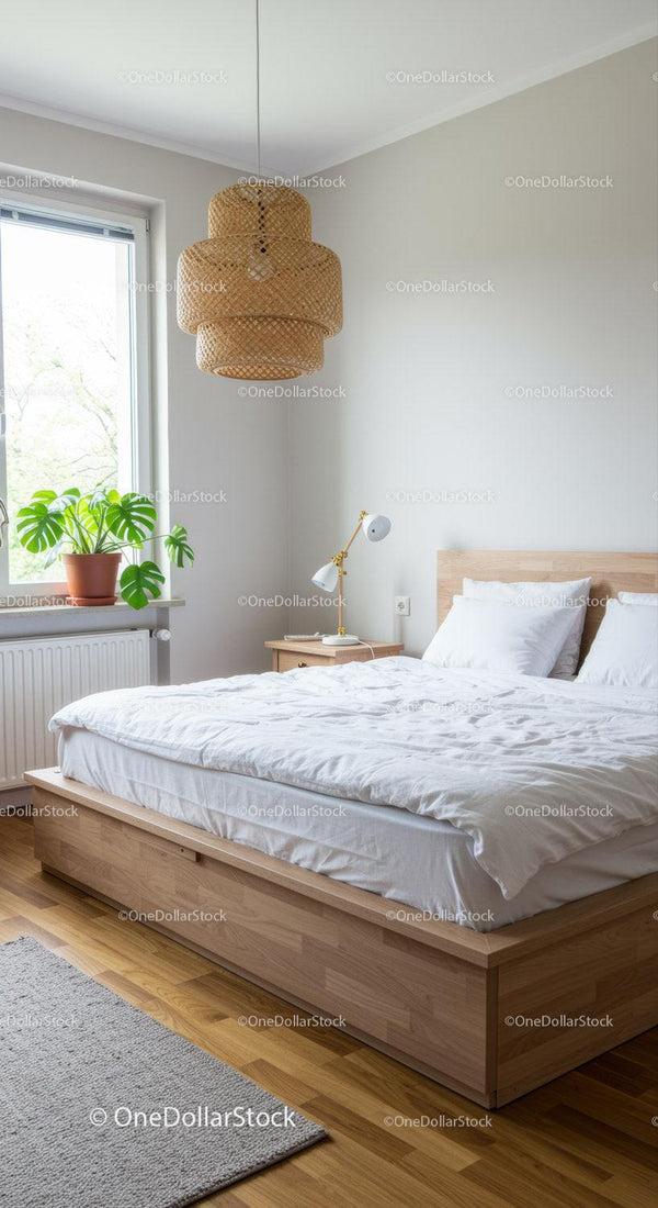 Minimalist bedroom with natural light and leafy plant