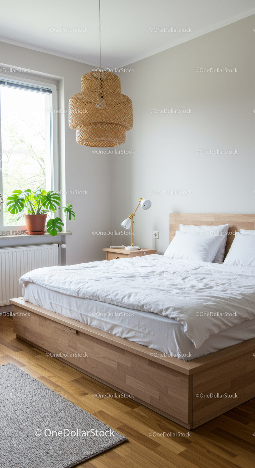 Minimalistyczna sypialnia z naturalnym światłem i roślinami liściastymi