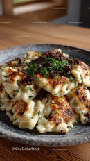 Japanese Gyoza Dumplings with Crispy Edges and Green Garnish