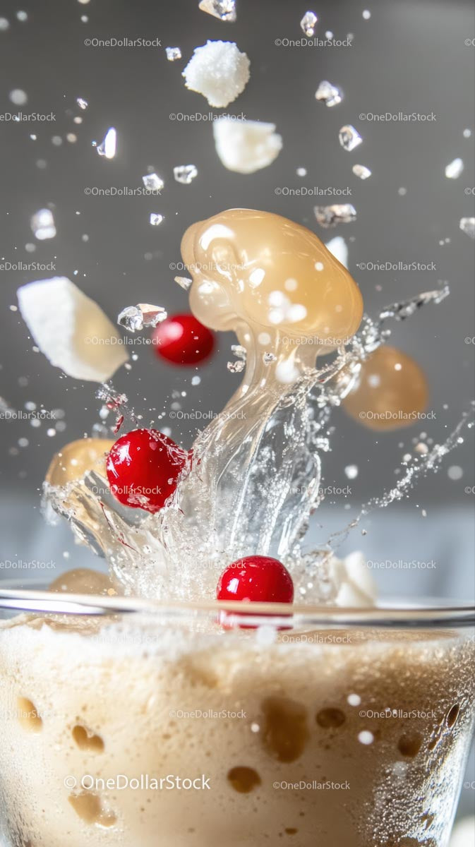 Vivid Splash of Ice Cream with Cherries and Cream in Motion