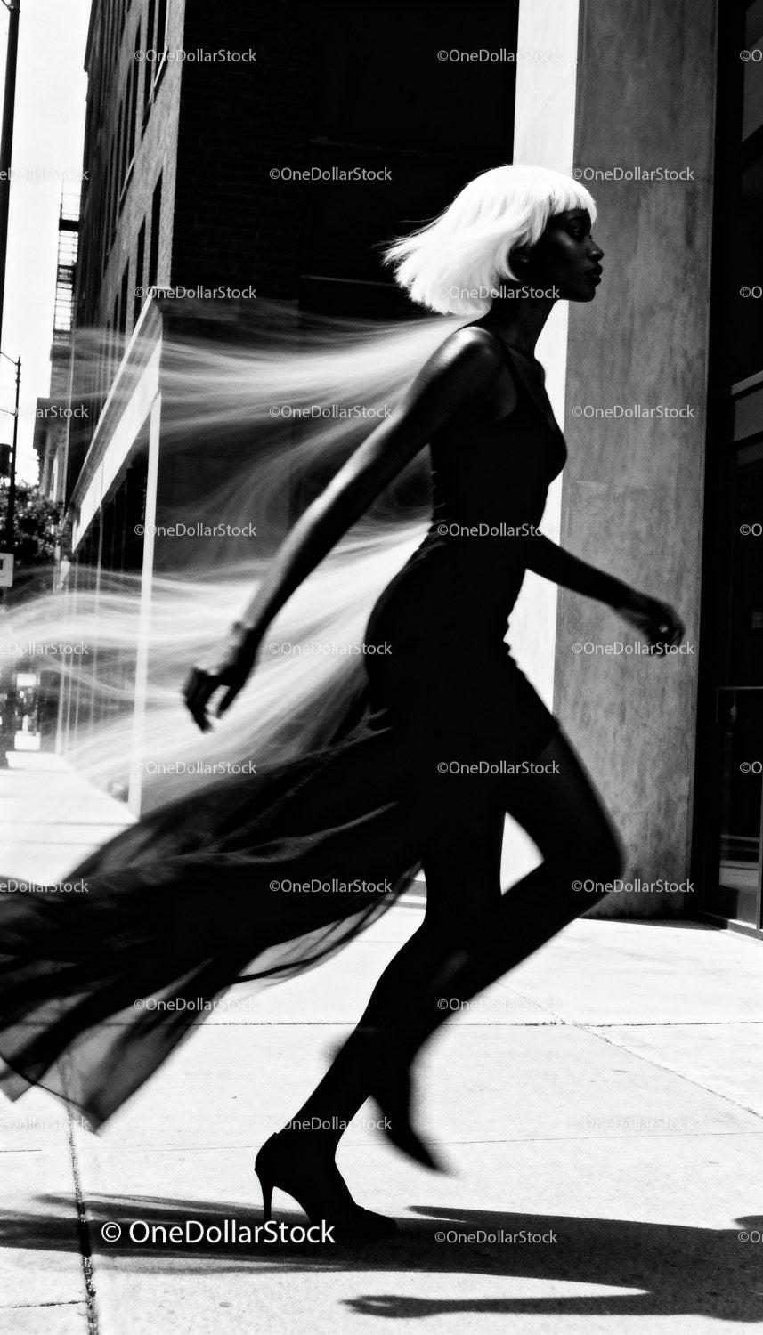 Elegant woman in black dress walking with flowing hair