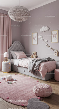 Stylish Children's Bedroom with Cloud and Deer Wall Art and Soft Pink Decor