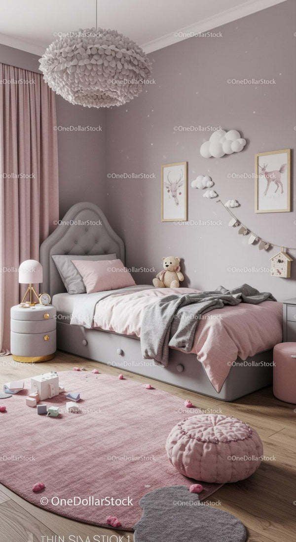 Stylish Children's Bedroom with Cloud and Deer Wall Art and Soft Pink Decor