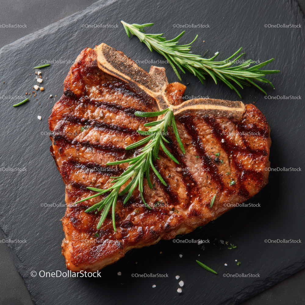 Juicy Grilled Steak with Rosemary on Black Slate Plate